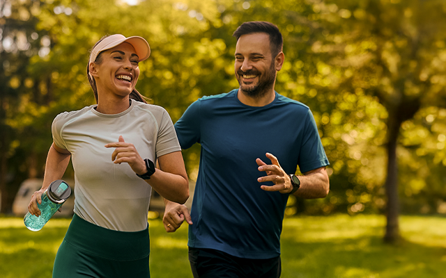 Man and woman smiling while jogging