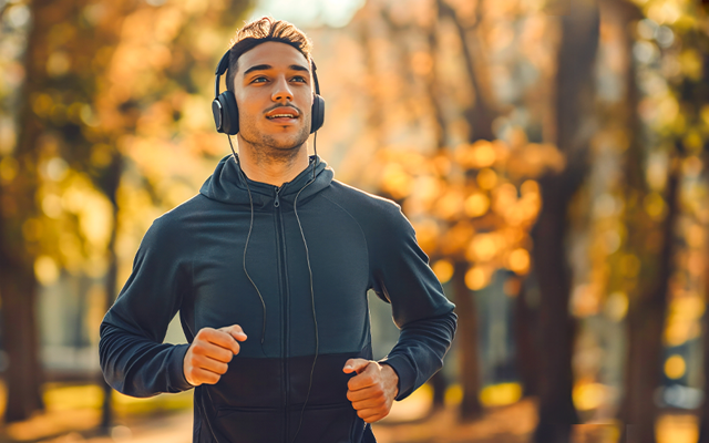 Man jogging while wearing headphones